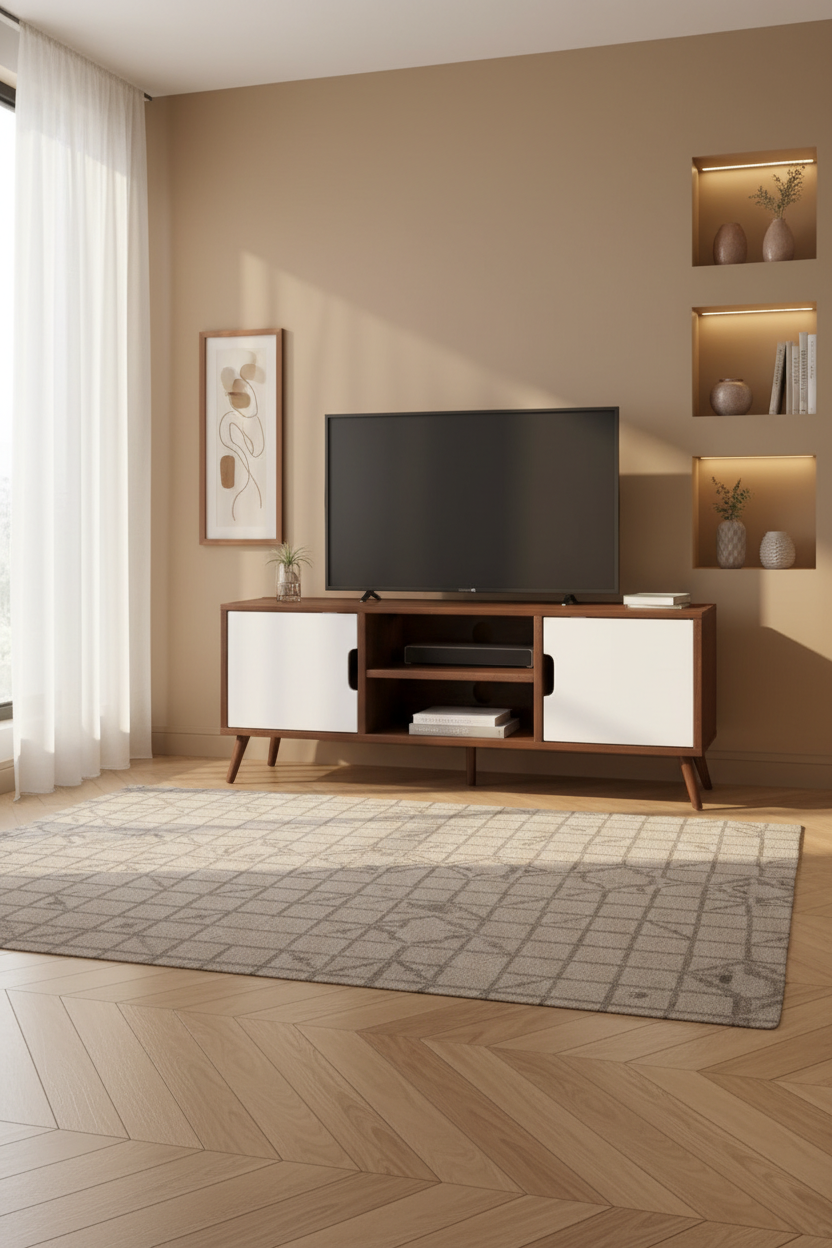 White+Walnut 47.25 TV Stand with Splayed Legs & 3 Staggered Drawers for 40 TVs