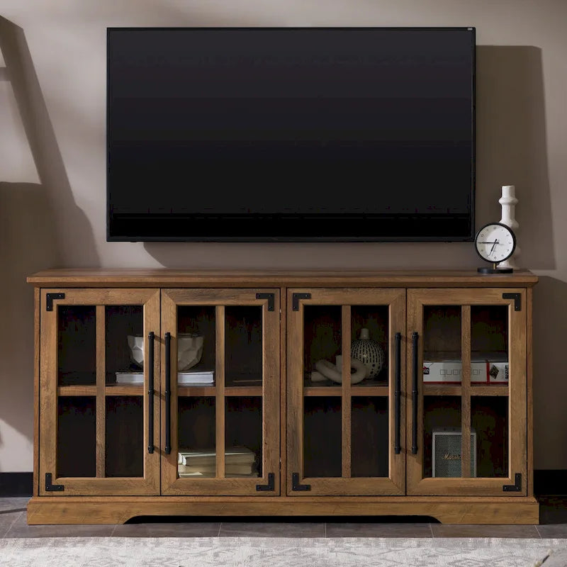 Modern Farmhouse Windowpane Glass - Door TV Stand for TVs up to 65 - Rustic Oak