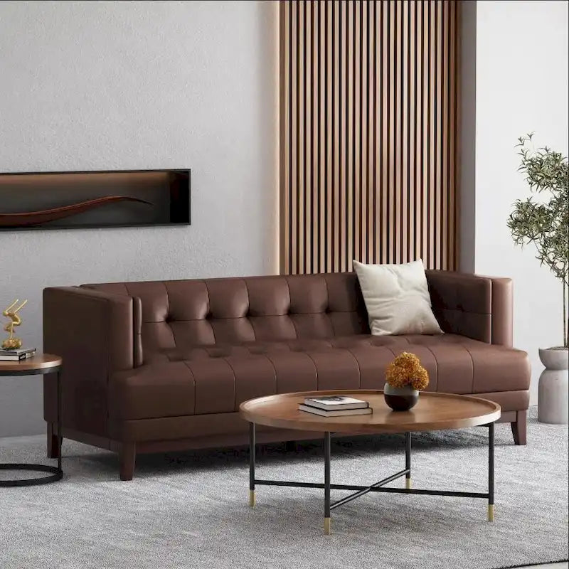 Dark Brown Modern 80.75 Button Tufted 3 - Seater Sofa with Wood Legs