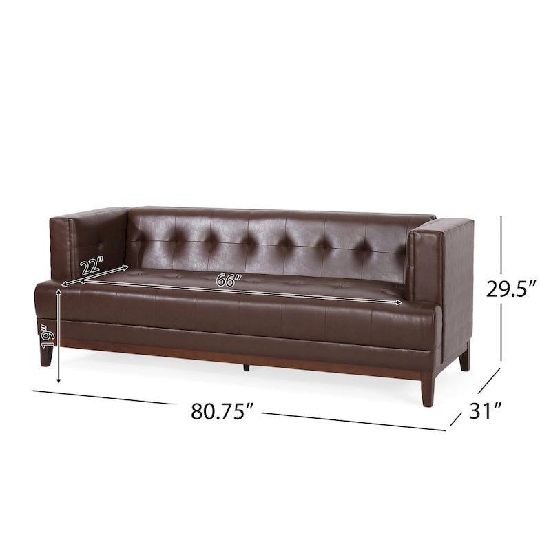 Dark Brown Modern 80.75 Button Tufted 3 - Seater Sofa with Wood Legs