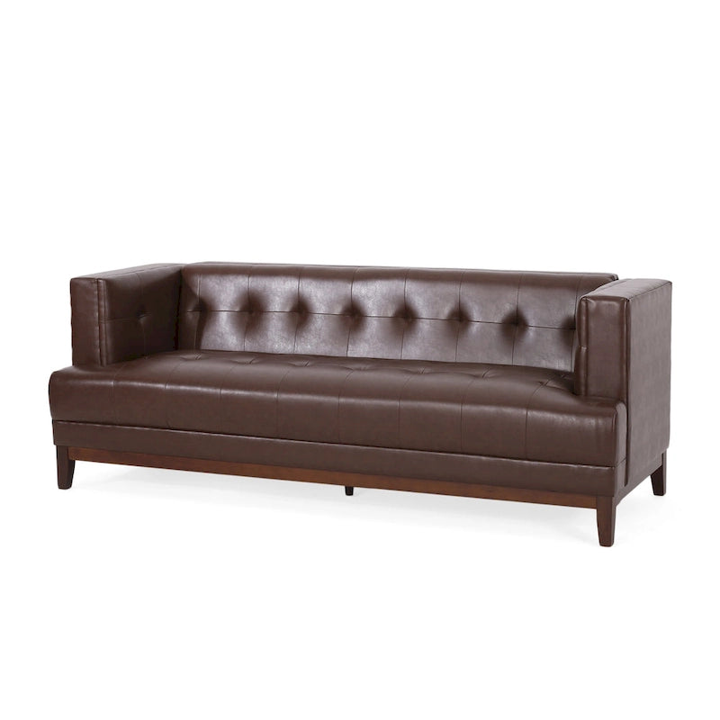 Dark Brown Modern 80.75 Button Tufted 3 - Seater Sofa with Wood Legs
