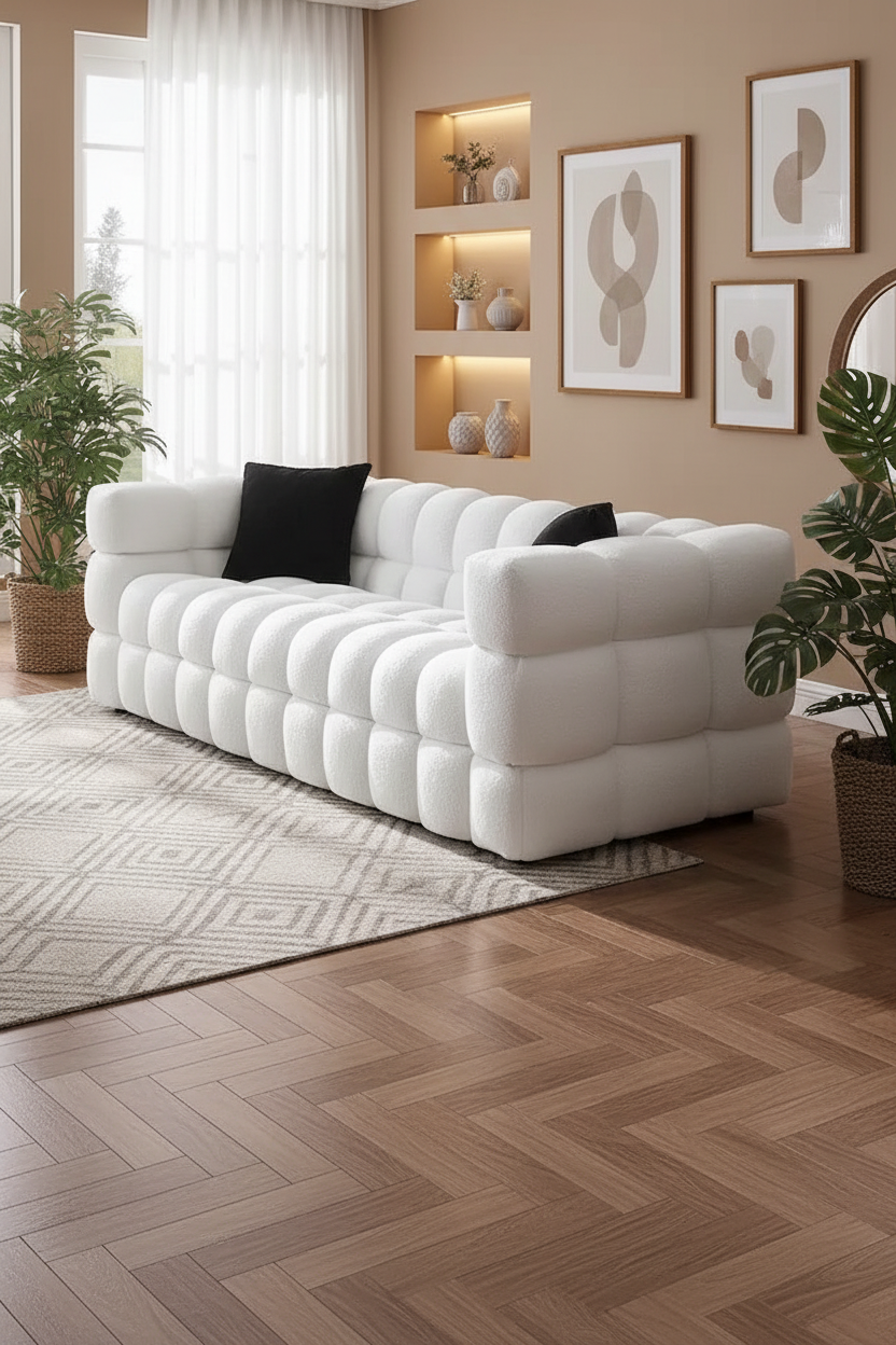 Moderní boucle pohovka pro 3 osoby o šířce 84.3 s polštáři