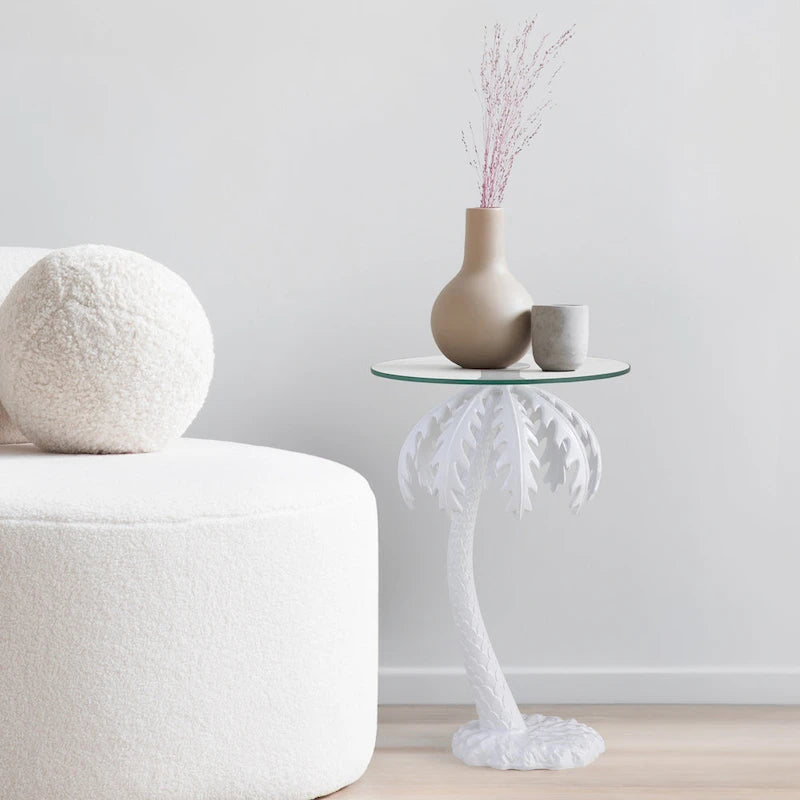 24.75 Mid - Century Vintage Glass Top Metal Palm Tree End Table , White