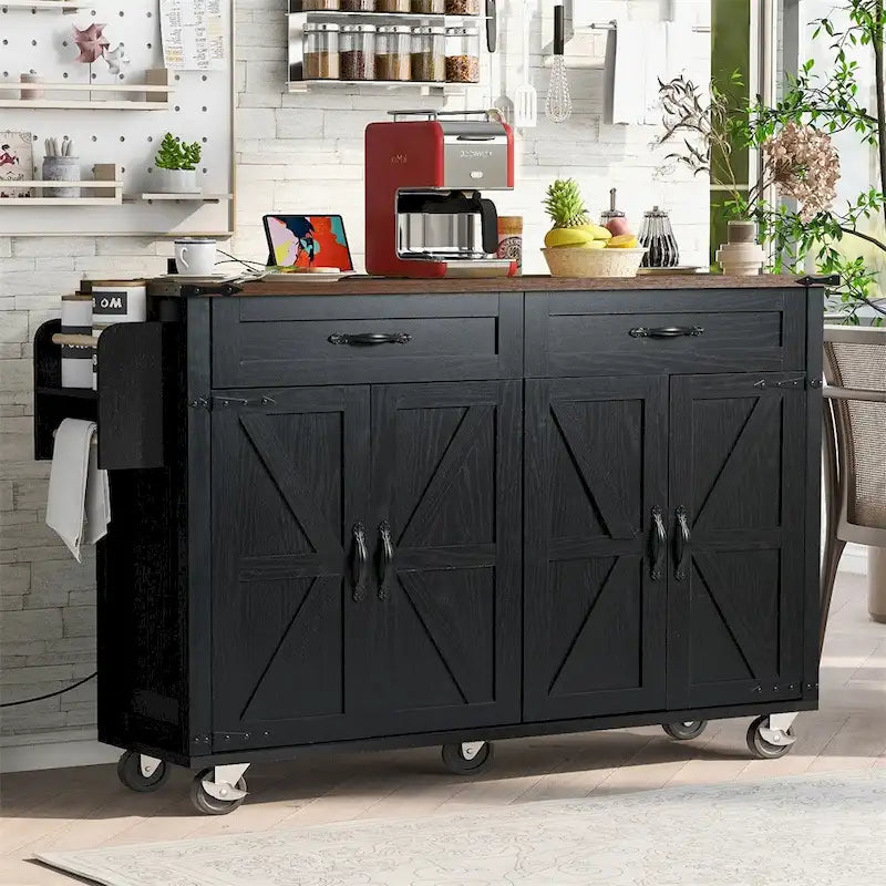 53.5 Farmhouse Kitchen Island With Power Outlet, Kitchen Storage Island With Drop Leaf, Spice Rack And Drawer