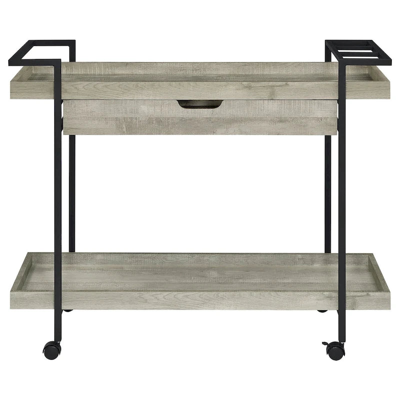 40 Inch Rolling Bar Cart , 2 Tier with Drawer , Gray Wood , Black Metal