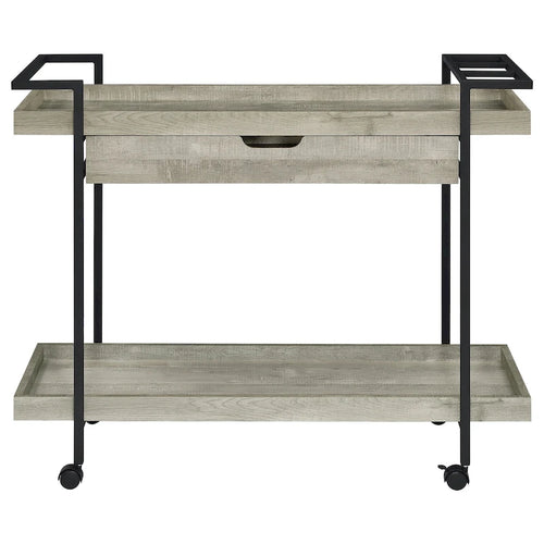 40 Inch Rolling Bar Cart , 2 Tier with Drawer , Gray Wood , Black Metal