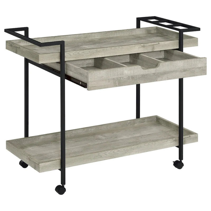 40 Inch Rolling Bar Cart , 2 Tier with Drawer , Gray Wood , Black Metal