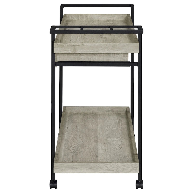 40 Inch Rolling Bar Cart , 2 Tier with Drawer , Gray Wood , Black Metal