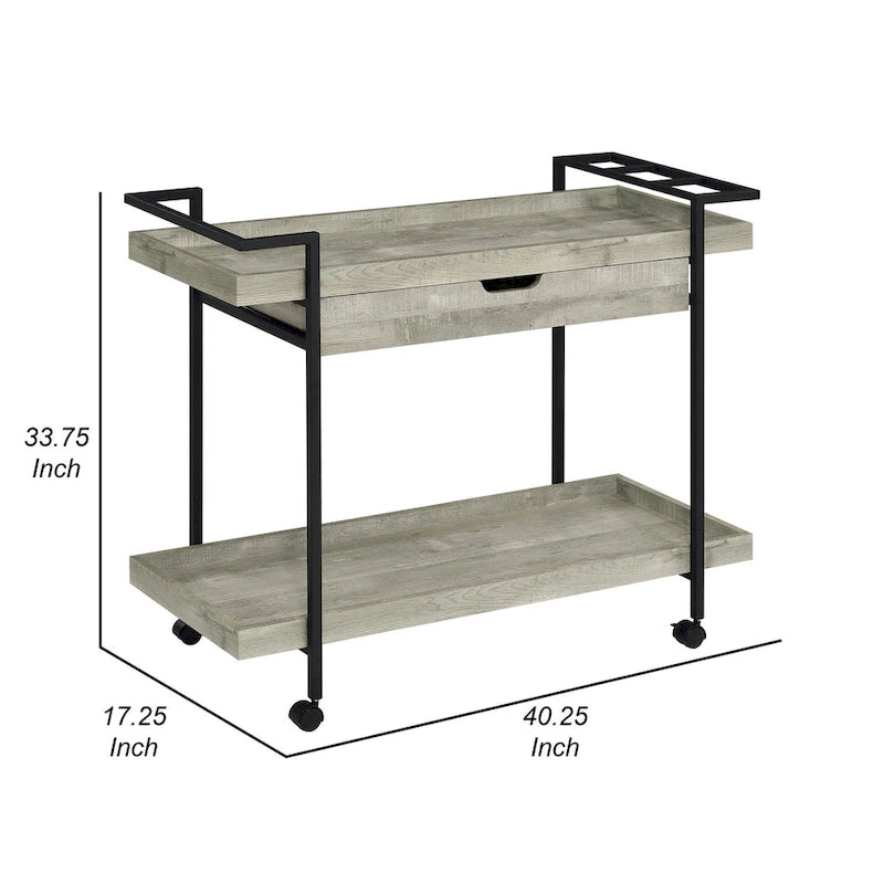 40 Inch Rolling Bar Cart , 2 Tier with Drawer , Gray Wood , Black Metal