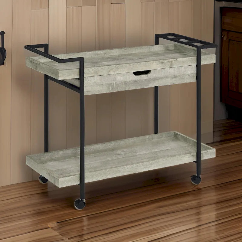40 Inch Rolling Bar Cart , 2 Tier with Drawer , Gray Wood , Black Metal