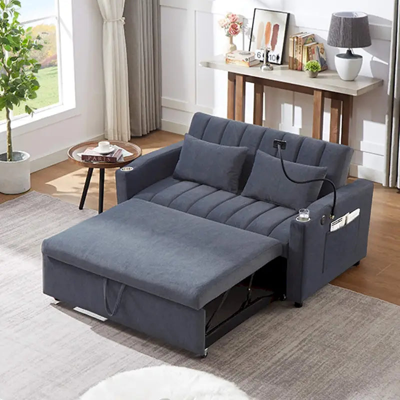 Convertible Loveseat Sofa Bed with USB Ports , Side Pockets , Cup Holders , and Swivel Phone Holder for Living Room