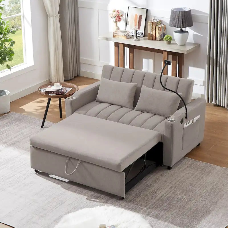 Convertible Loveseat Sofa Bed with USB Ports , Side Pockets , Cup Holders , and Swivel Phone Holder for Living Room