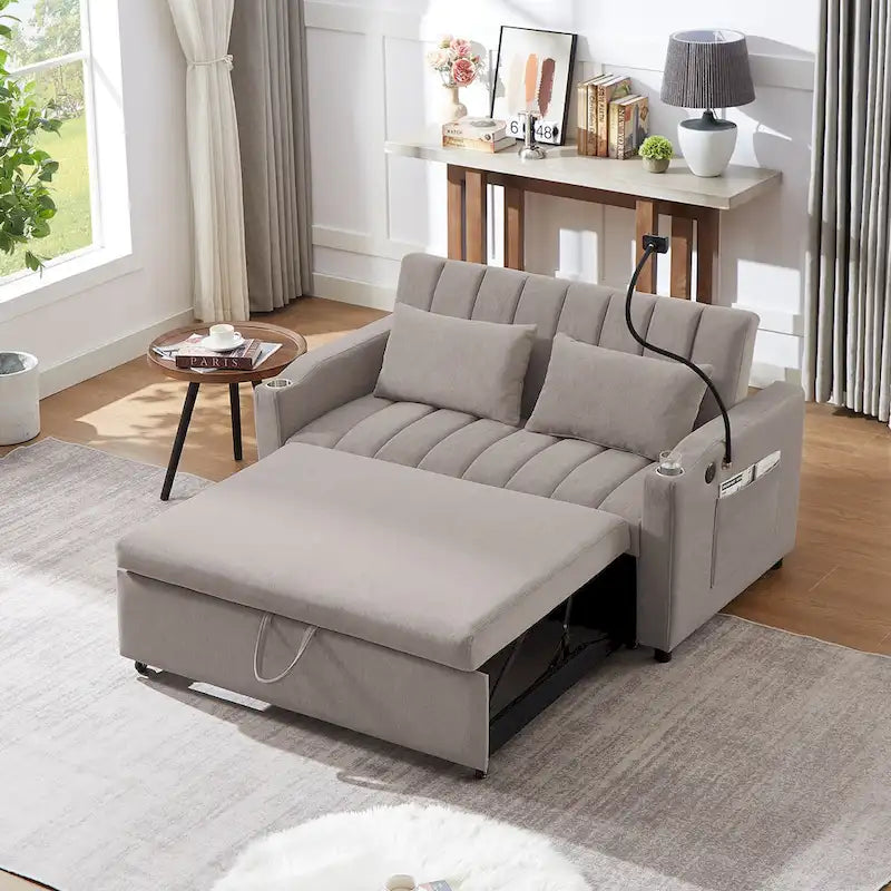 Convertible Loveseat Sofa Bed with USB Ports , Side Pockets , Cup Holders , and Swivel Phone Holder for Living Room