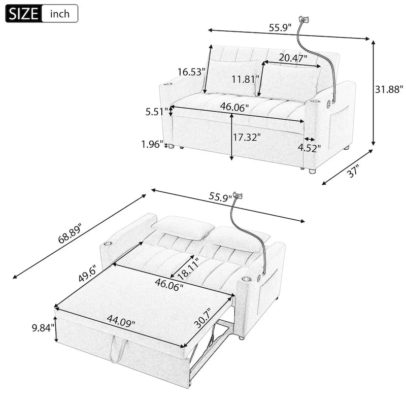Convertible Loveseat Sofa Bed with USB Ports , Side Pockets , Cup Holders , and Swivel Phone Holder for Living Room