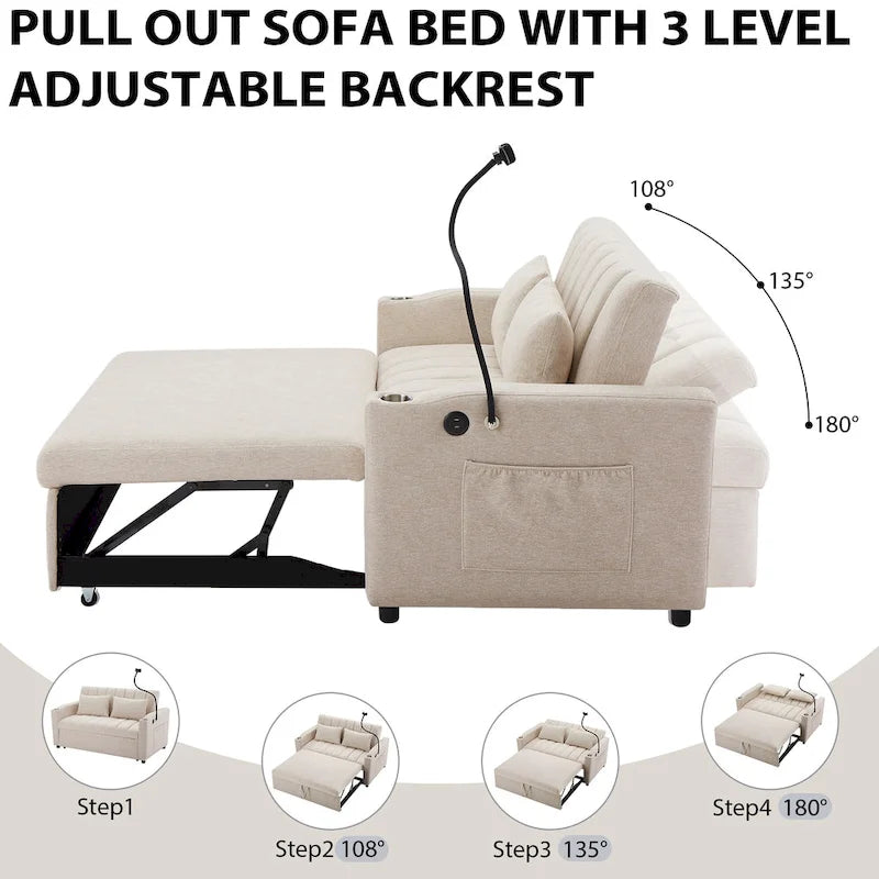 Convertible Loveseat Sofa Bed with USB Ports , Side Pockets , Cup Holders , and Swivel Phone Holder for Living Room