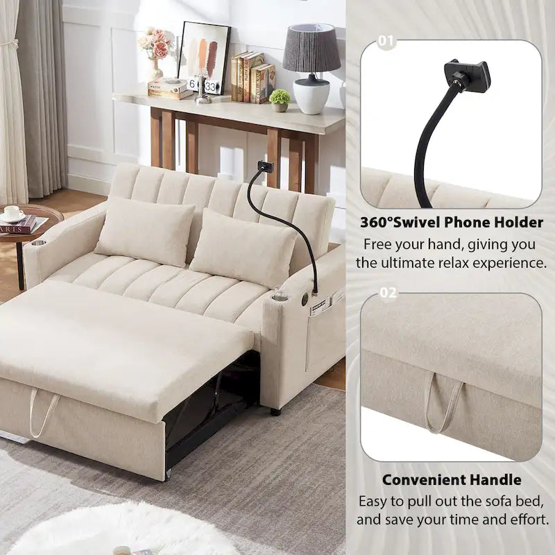 Convertible Loveseat Sofa Bed with USB Ports , Side Pockets , Cup Holders , and Swivel Phone Holder for Living Room
