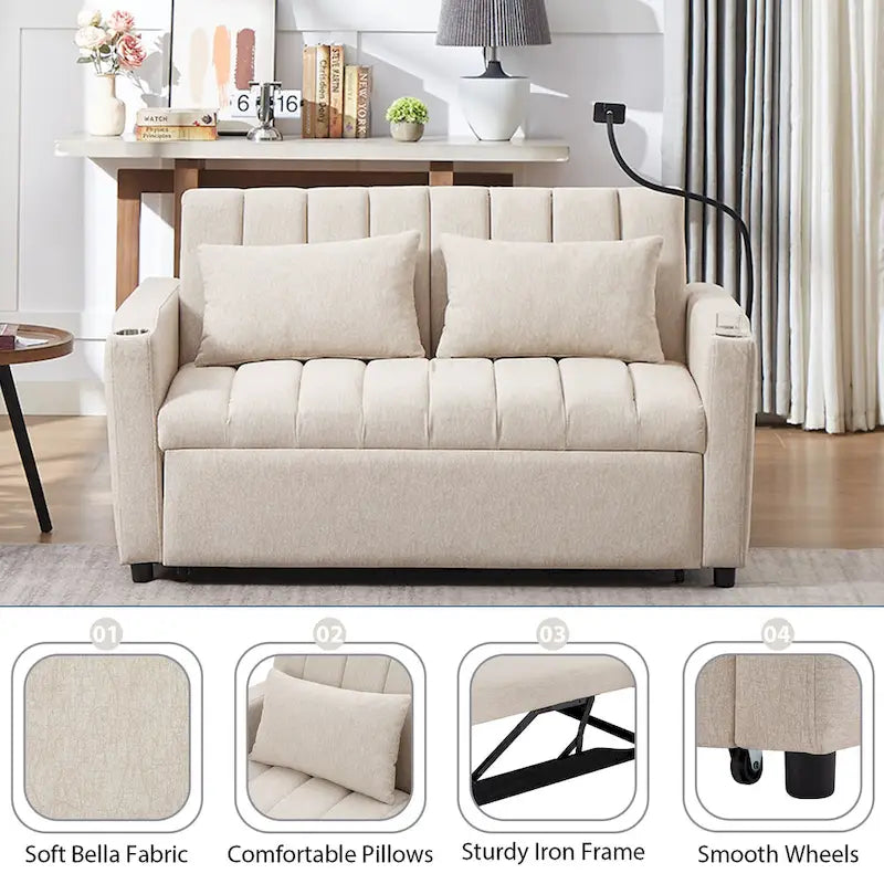 Convertible Loveseat Sofa Bed with USB Ports , Side Pockets , Cup Holders , and Swivel Phone Holder for Living Room