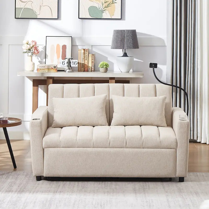 Convertible Loveseat Sofa Bed with USB Ports , Side Pockets , Cup Holders , and Swivel Phone Holder for Living Room