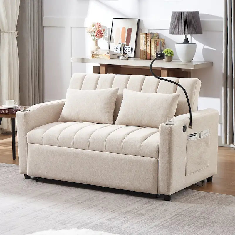 Convertible Loveseat Sofa Bed with USB Ports , Side Pockets , Cup Holders , and Swivel Phone Holder for Living Room