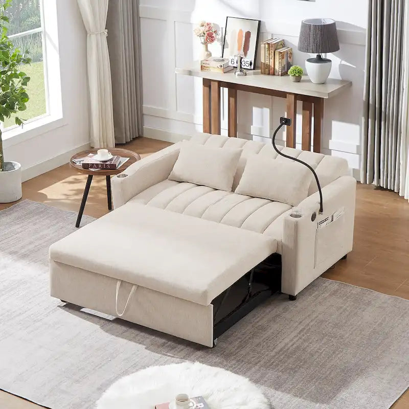 Convertible Loveseat Sofa Bed with USB Ports , Side Pockets , Cup Holders , and Swivel Phone Holder for Living Room