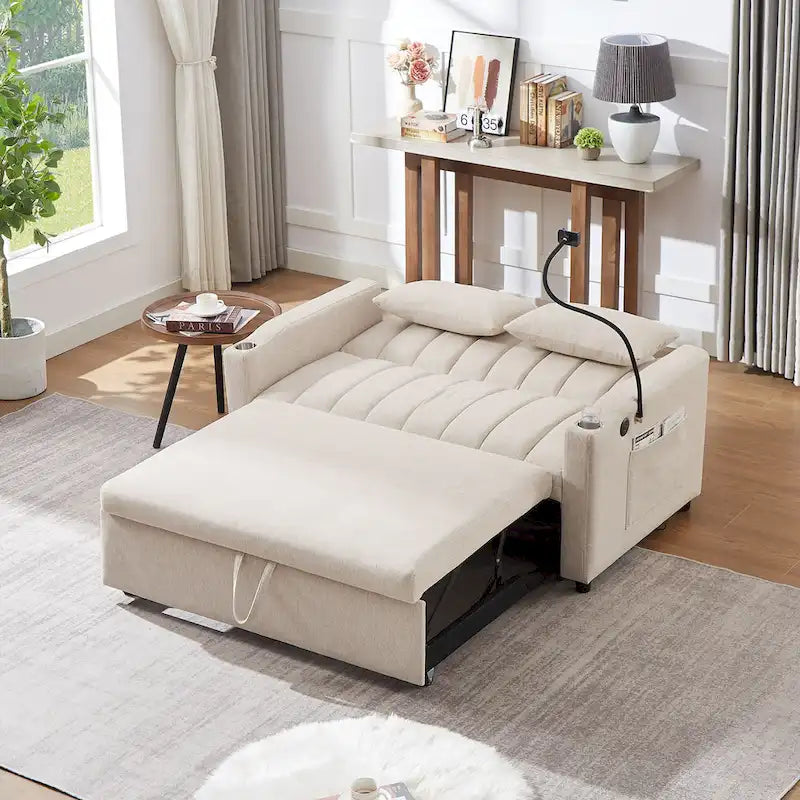 Convertible Loveseat Sofa Bed with USB Ports , Side Pockets , Cup Holders , and Swivel Phone Holder for Living Room