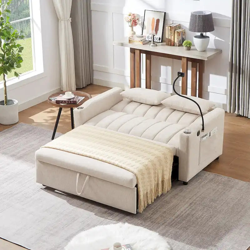 Convertible Loveseat Sofa Bed with USB Ports , Side Pockets , Cup Holders , and Swivel Phone Holder for Living Room