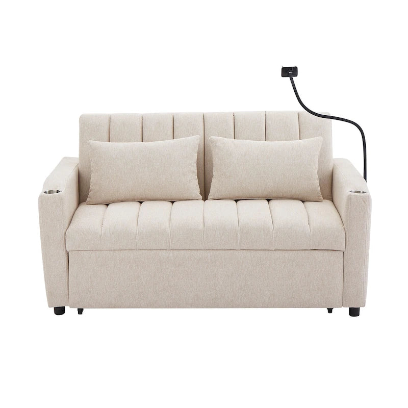 Convertible Loveseat Sofa Bed with USB Ports , Side Pockets , Cup Holders , and Swivel Phone Holder for Living Room