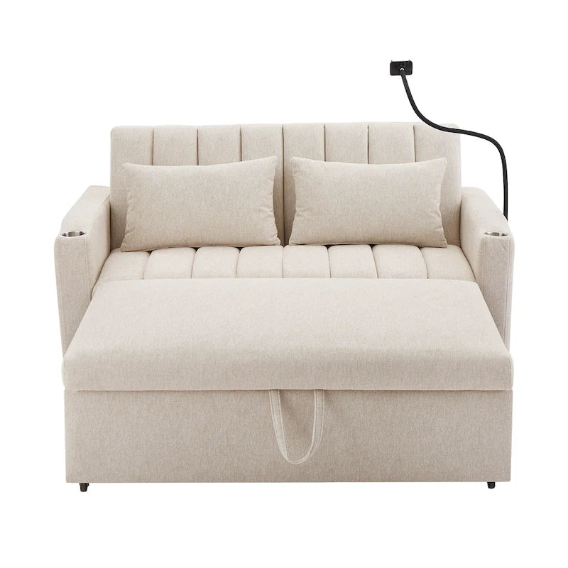 Convertible Loveseat Sofa Bed with USB Ports , Side Pockets , Cup Holders , and Swivel Phone Holder for Living Room