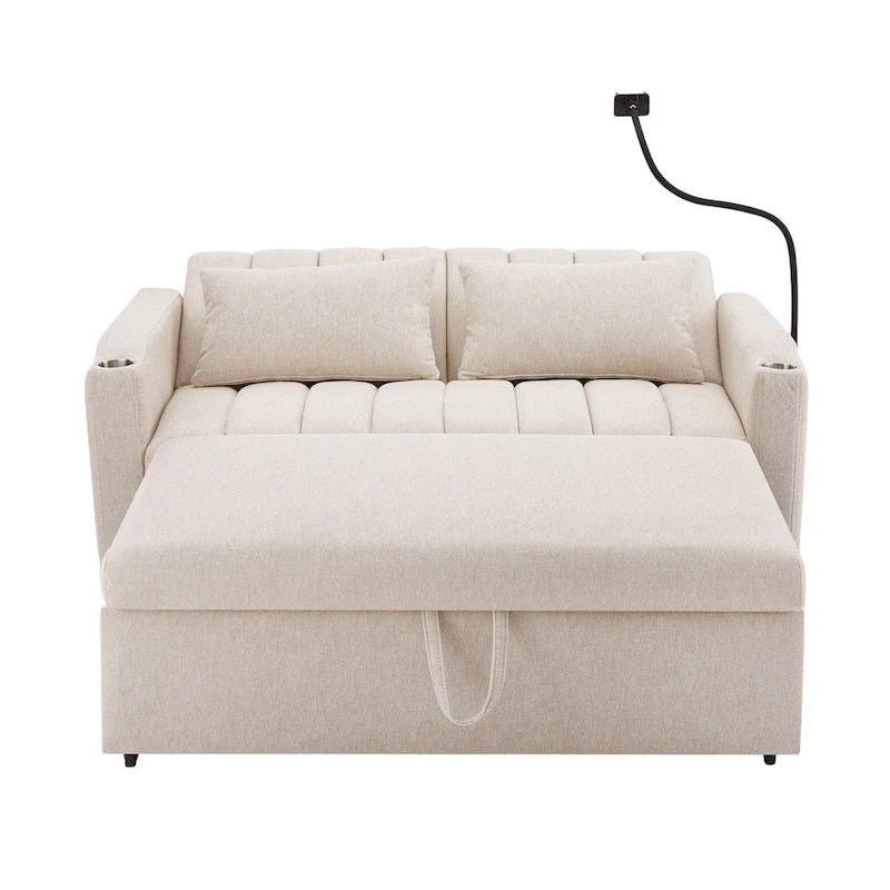 Convertible Loveseat Sofa Bed with USB Ports , Side Pockets , Cup Holders , and Swivel Phone Holder for Living Room