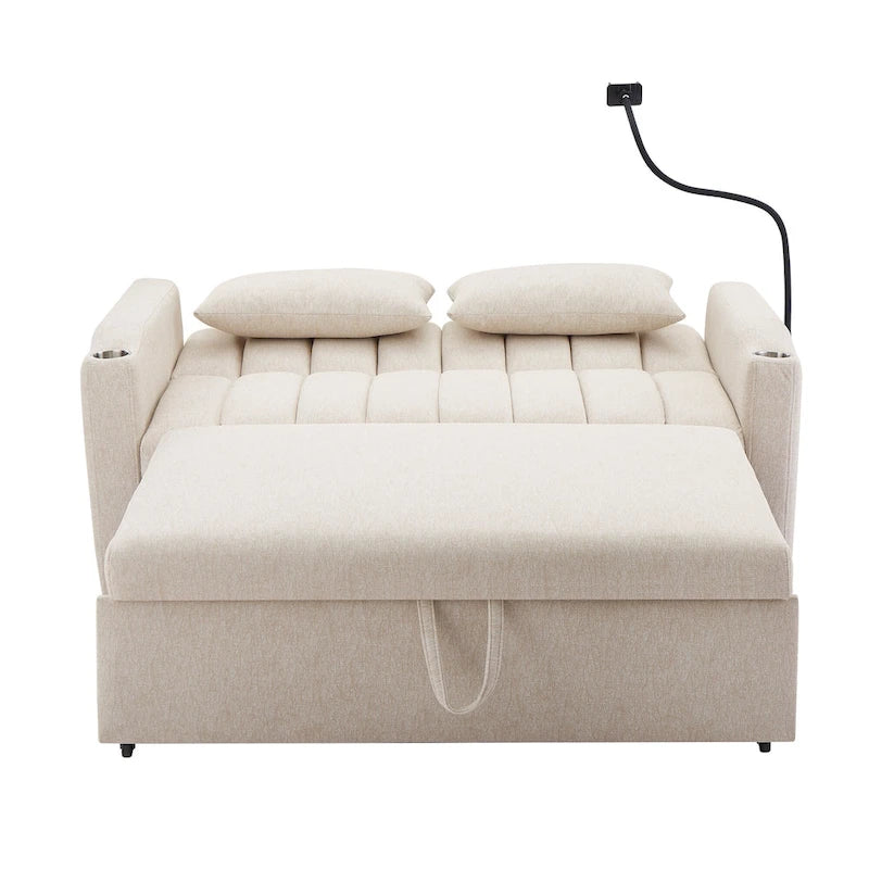 Convertible Loveseat Sofa Bed with USB Ports , Side Pockets , Cup Holders , and Swivel Phone Holder for Living Room