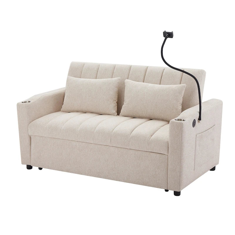 Convertible Loveseat Sofa Bed with USB Ports , Side Pockets , Cup Holders , and Swivel Phone Holder for Living Room