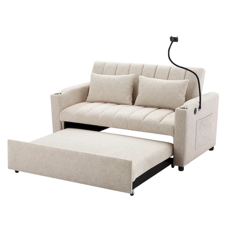 Convertible Loveseat Sofa Bed with USB Ports , Side Pockets , Cup Holders , and Swivel Phone Holder for Living Room