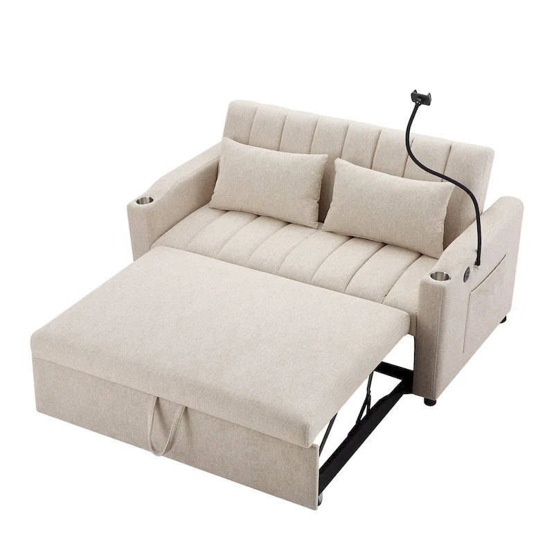 Convertible Loveseat Sofa Bed with USB Ports , Side Pockets , Cup Holders , and Swivel Phone Holder for Living Room