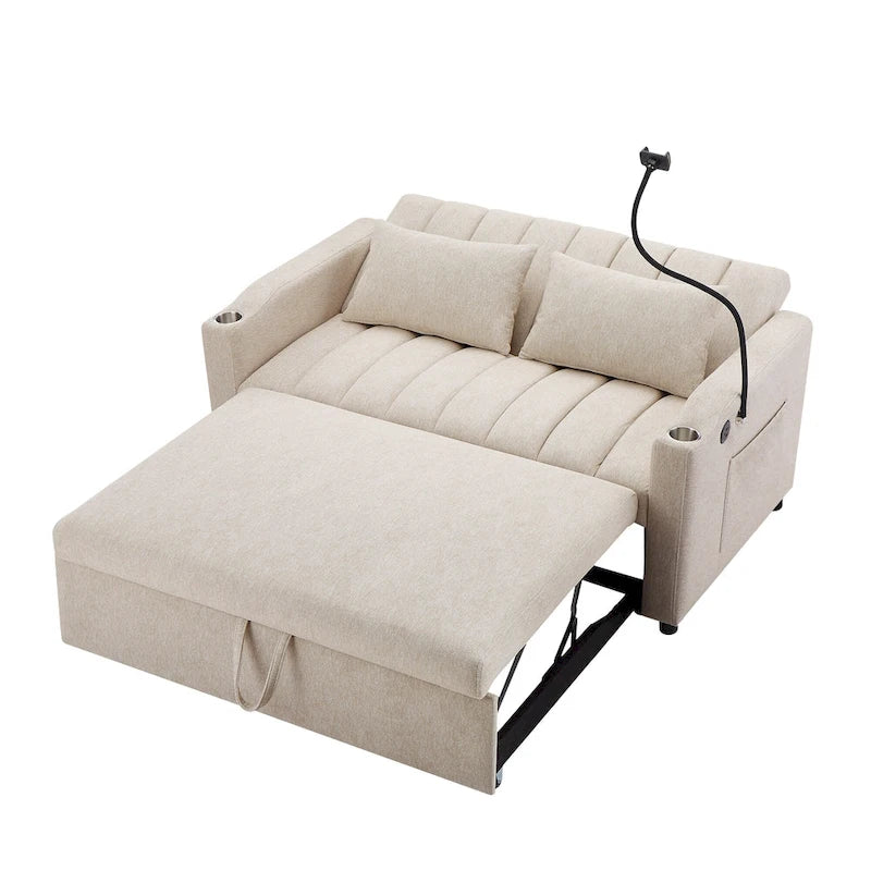 Convertible Loveseat Sofa Bed with USB Ports , Side Pockets , Cup Holders , and Swivel Phone Holder for Living Room