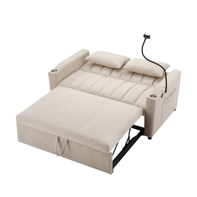Convertible Loveseat Sofa Bed with USB Ports , Side Pockets , Cup Holders , and Swivel Phone Holder for Living Room