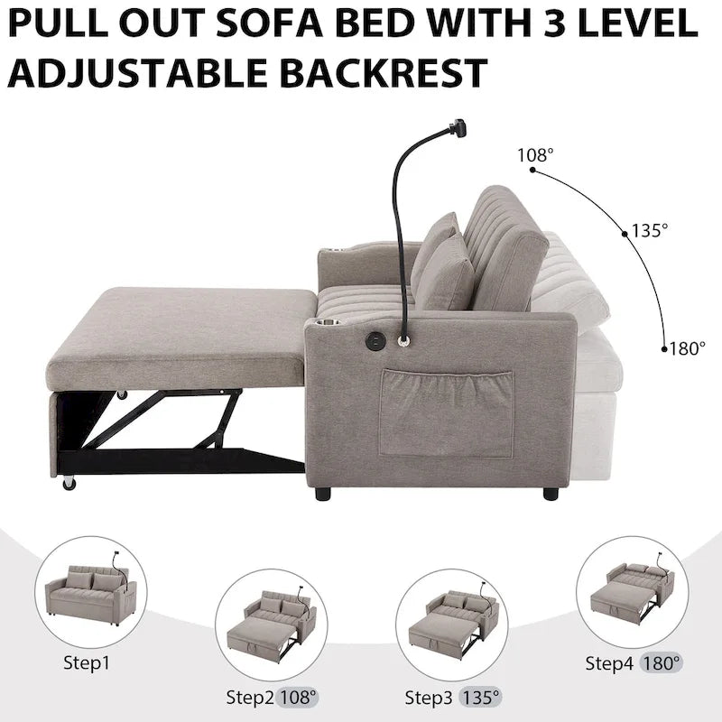 Convertible Loveseat Sofa Bed with USB Ports , Side Pockets , Cup Holders , and Swivel Phone Holder for Living Room