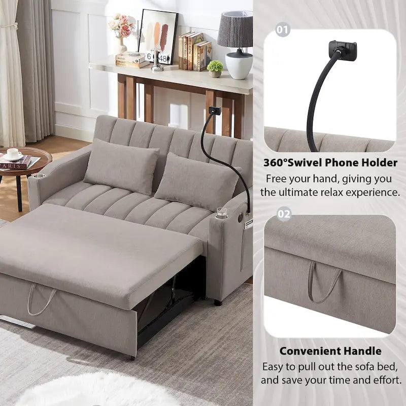 Convertible Loveseat Sofa Bed with USB Ports , Side Pockets , Cup Holders , and Swivel Phone Holder for Living Room
