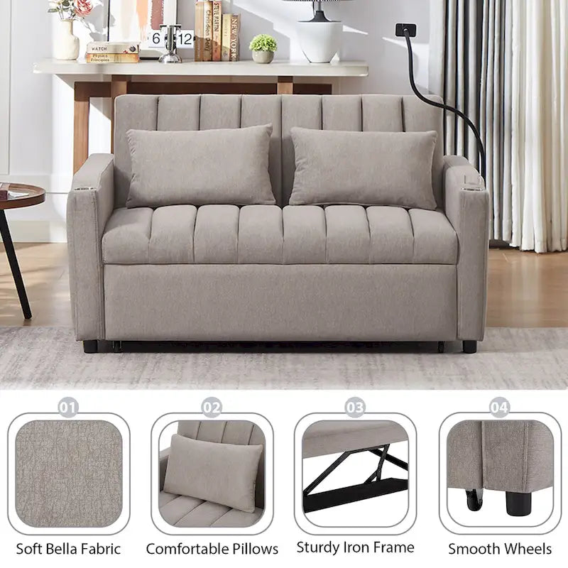 Convertible Loveseat Sofa Bed with USB Ports , Side Pockets , Cup Holders , and Swivel Phone Holder for Living Room