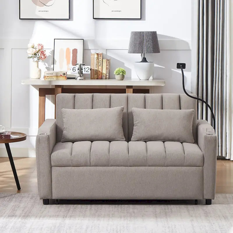 Convertible Loveseat Sofa Bed with USB Ports , Side Pockets , Cup Holders , and Swivel Phone Holder for Living Room