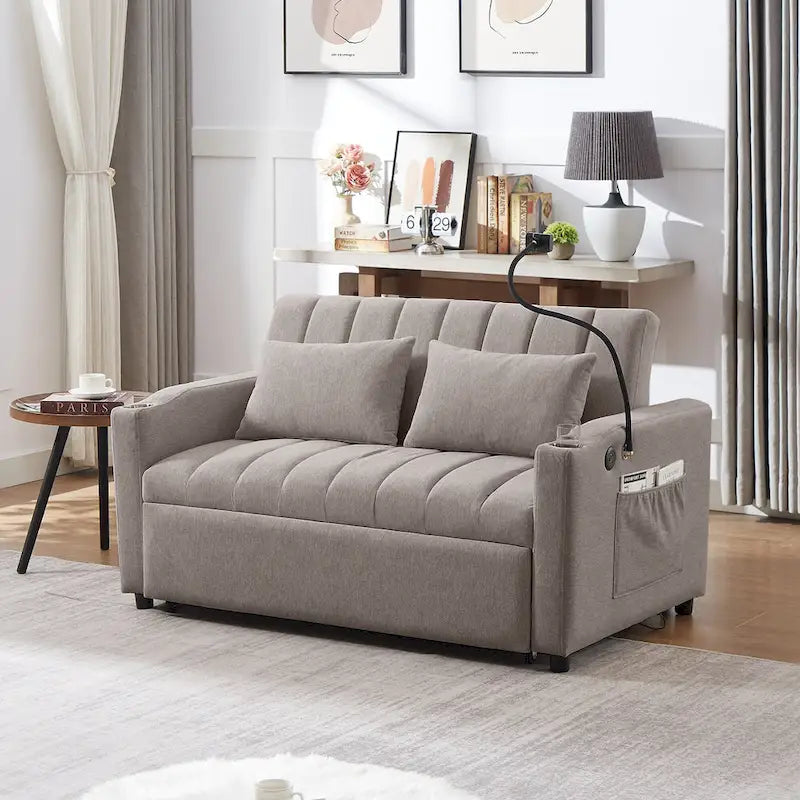 Convertible Loveseat Sofa Bed with USB Ports , Side Pockets , Cup Holders , and Swivel Phone Holder for Living Room