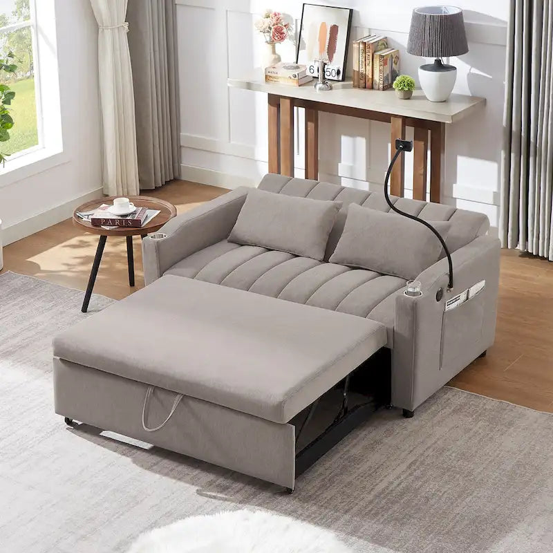 Convertible Loveseat Sofa Bed with USB Ports , Side Pockets , Cup Holders , and Swivel Phone Holder for Living Room