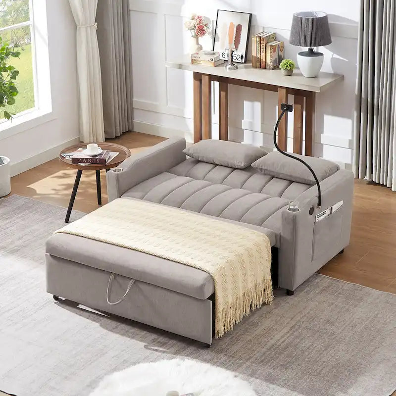 Convertible Loveseat Sofa Bed with USB Ports , Side Pockets , Cup Holders , and Swivel Phone Holder for Living Room