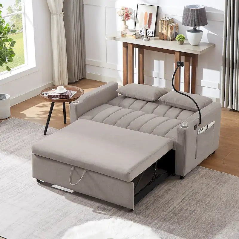 Convertible Loveseat Sofa Bed with USB Ports , Side Pockets , Cup Holders , and Swivel Phone Holder for Living Room