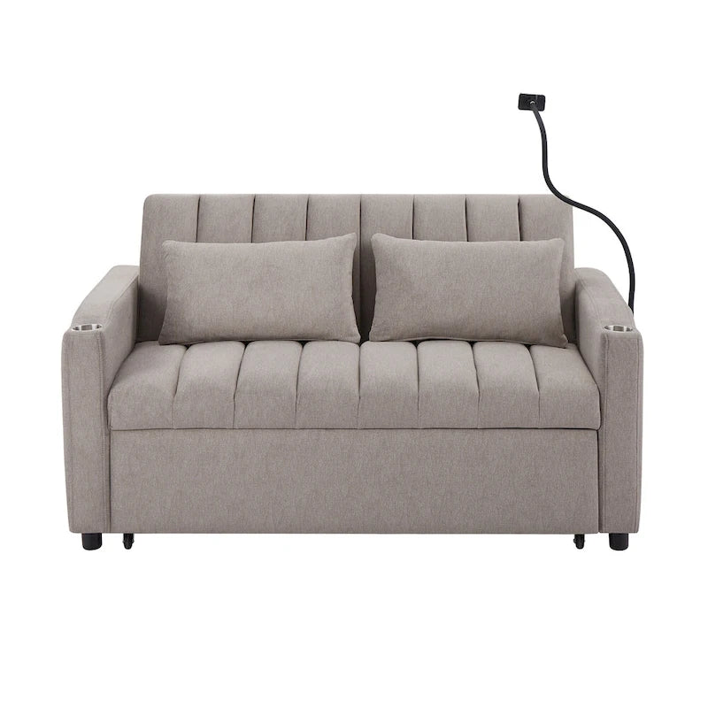 Convertible Loveseat Sofa Bed with USB Ports , Side Pockets , Cup Holders , and Swivel Phone Holder for Living Room