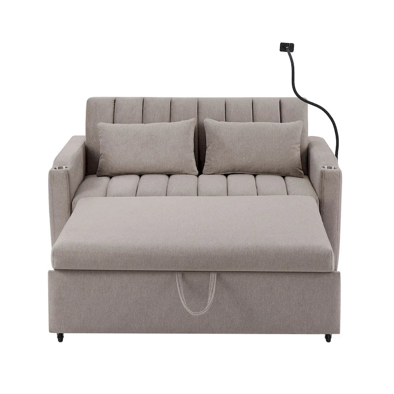 Convertible Loveseat Sofa Bed with USB Ports , Side Pockets , Cup Holders , and Swivel Phone Holder for Living Room
