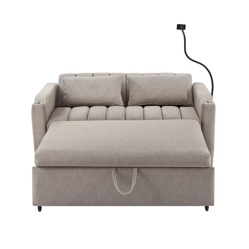 Convertible Loveseat Sofa Bed with USB Ports , Side Pockets , Cup Holders , and Swivel Phone Holder for Living Room
