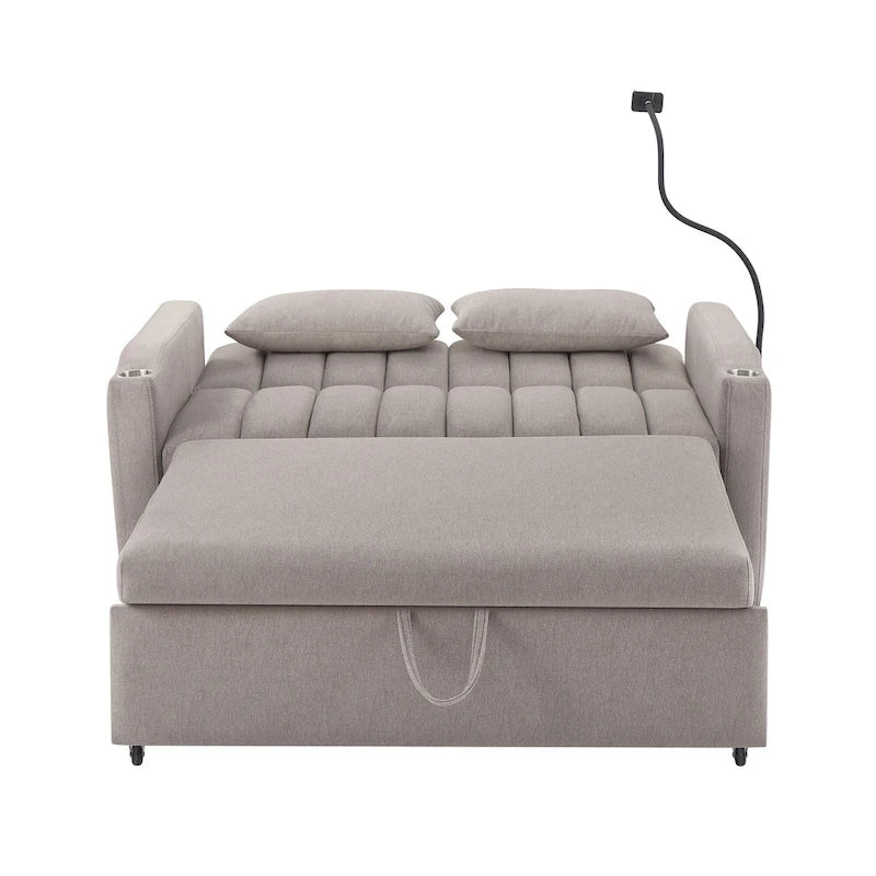 Convertible Loveseat Sofa Bed with USB Ports , Side Pockets , Cup Holders , and Swivel Phone Holder for Living Room