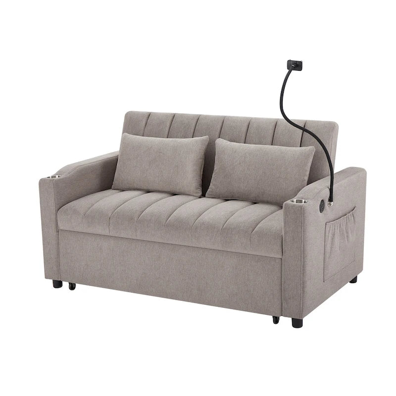 Convertible Loveseat Sofa Bed with USB Ports , Side Pockets , Cup Holders , and Swivel Phone Holder for Living Room