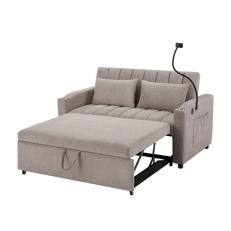 Convertible Loveseat Sofa Bed with USB Ports , Side Pockets , Cup Holders , and Swivel Phone Holder for Living Room