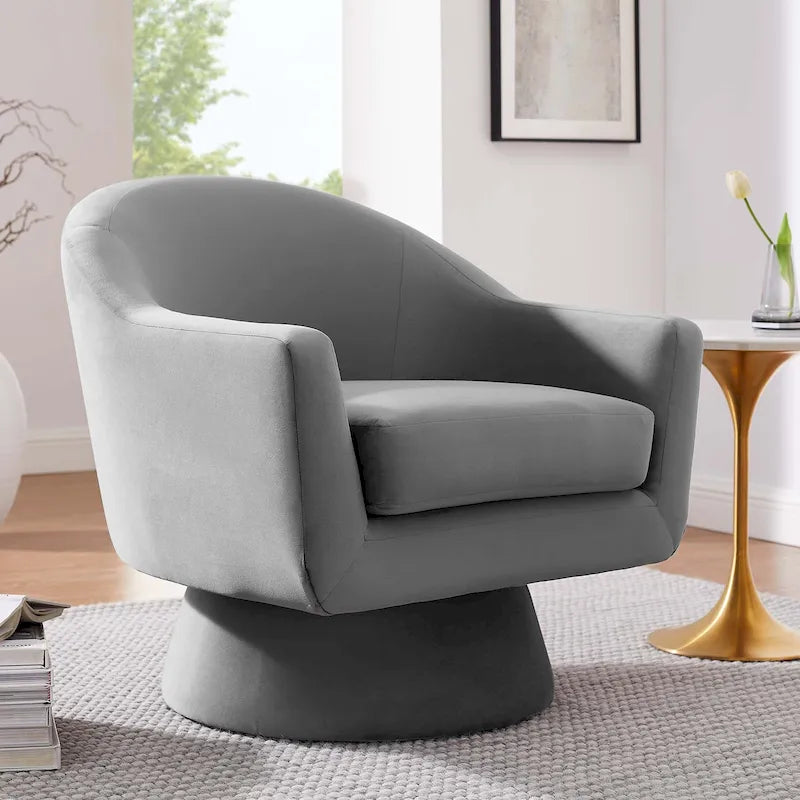 Performance Velvet Fabric and Wood Swivel Chair